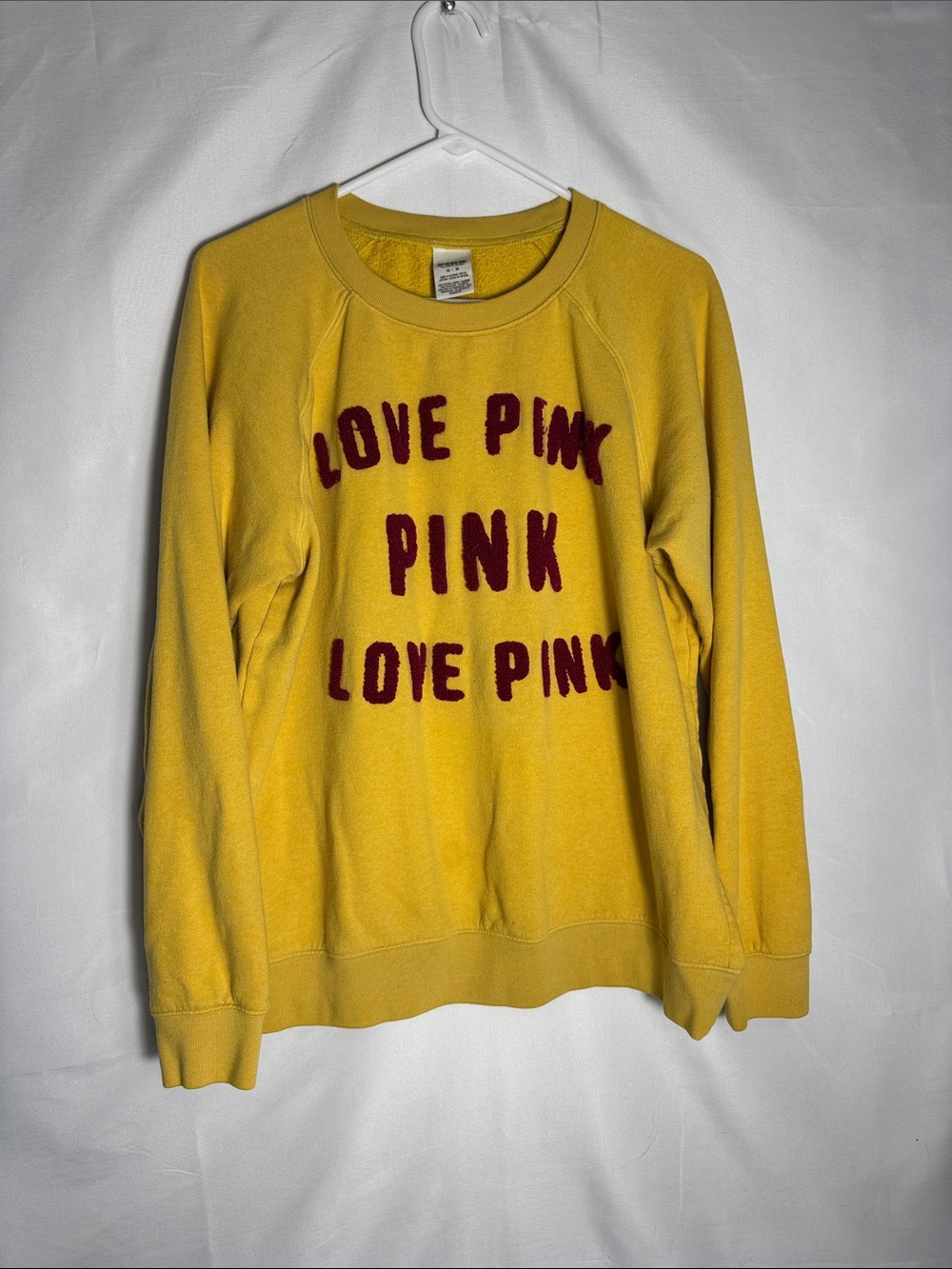 Victoria's Secret PINK Vintage Yellow Crewneck with Maroon Stacked LOVE PINK